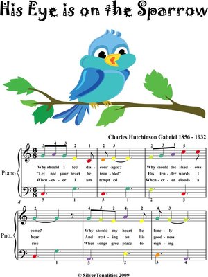 cover image of His Eye Is On the Sparrow Easy Piano Sheet Music with Colored Notes